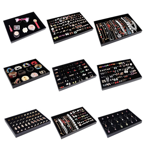 Black jewelry display trays, rings, necklaces, bracelets, trays, earrings, rings, accessories display stands, storage boxes, and viewing trays