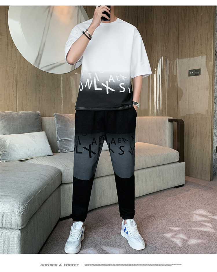 Men's Gradient Color Short Sleeve T-Shirt And Shorts Set Casual Summer Streetwear Hong Kong Style Outfit_viptrois.com