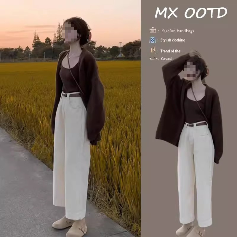 秋冬季轻熟风穿搭女2025新款高级感针织开衫背心显瘦牛仔裤三件套