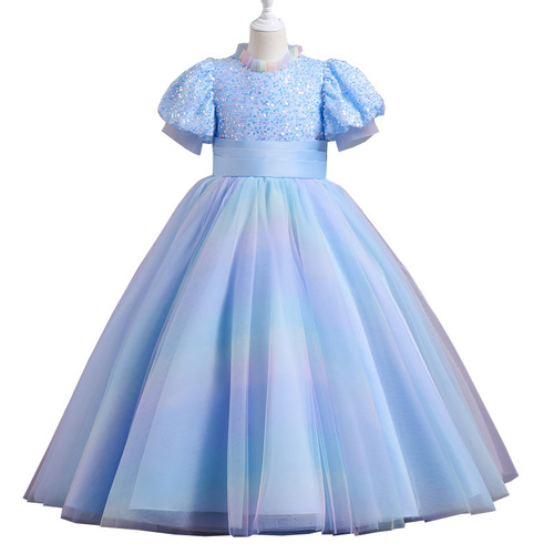 GIRL'S COURT STYLE DRESS WITH BUBBLE SLEEVES, SPARKLING CHOCOLATE NET, Puffy Princess Dress, Long Train, Gradient Evening Gown, Flower Girl Dress