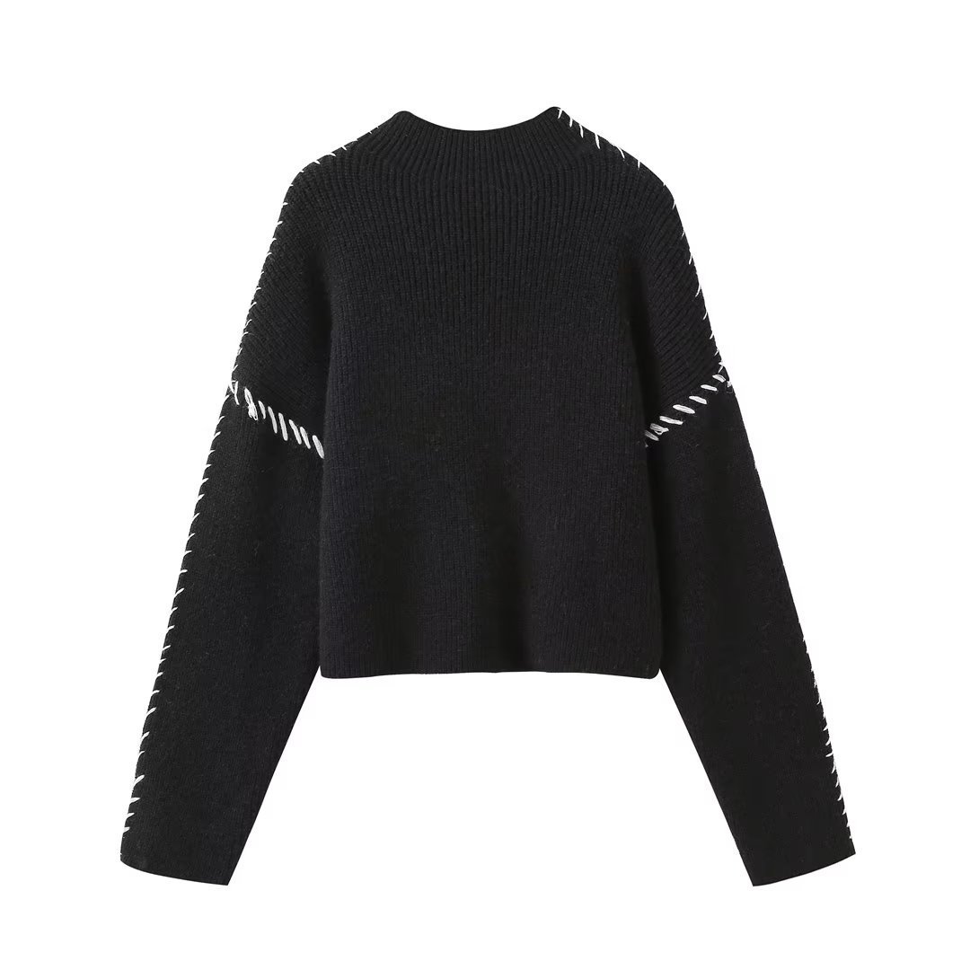 Pull à col rond pour femme, chaud et polyvalent, pull patchwork de couleurs contrastées, nouvelle collection automne et hiver_voghion.com