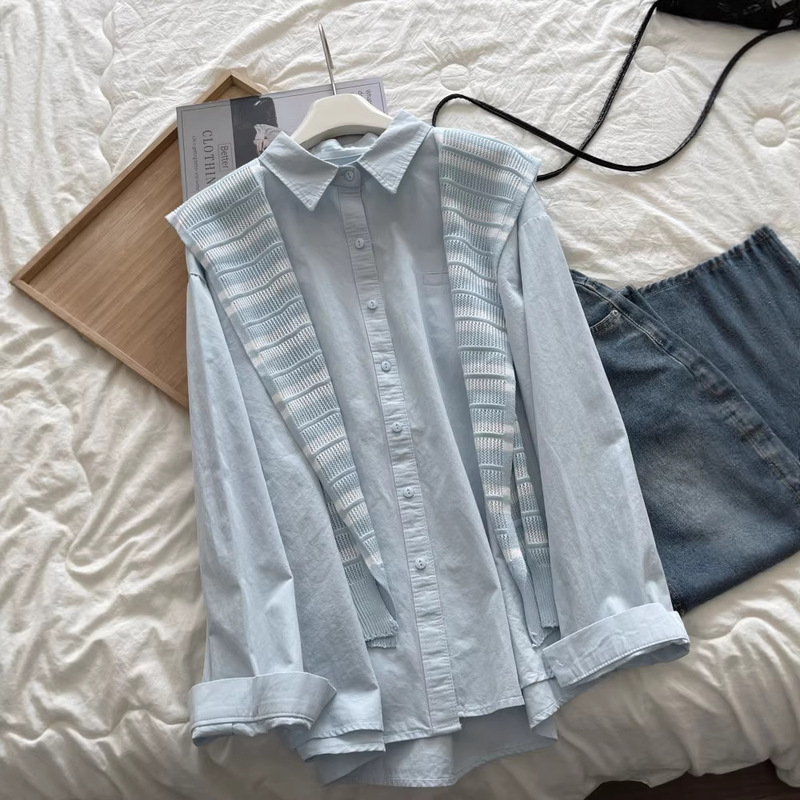 Tiktok Hot-Selling Autumn Versatile Loose Simple Retro Striped Knit Shawl and Shirt Two-Piece Set 6710