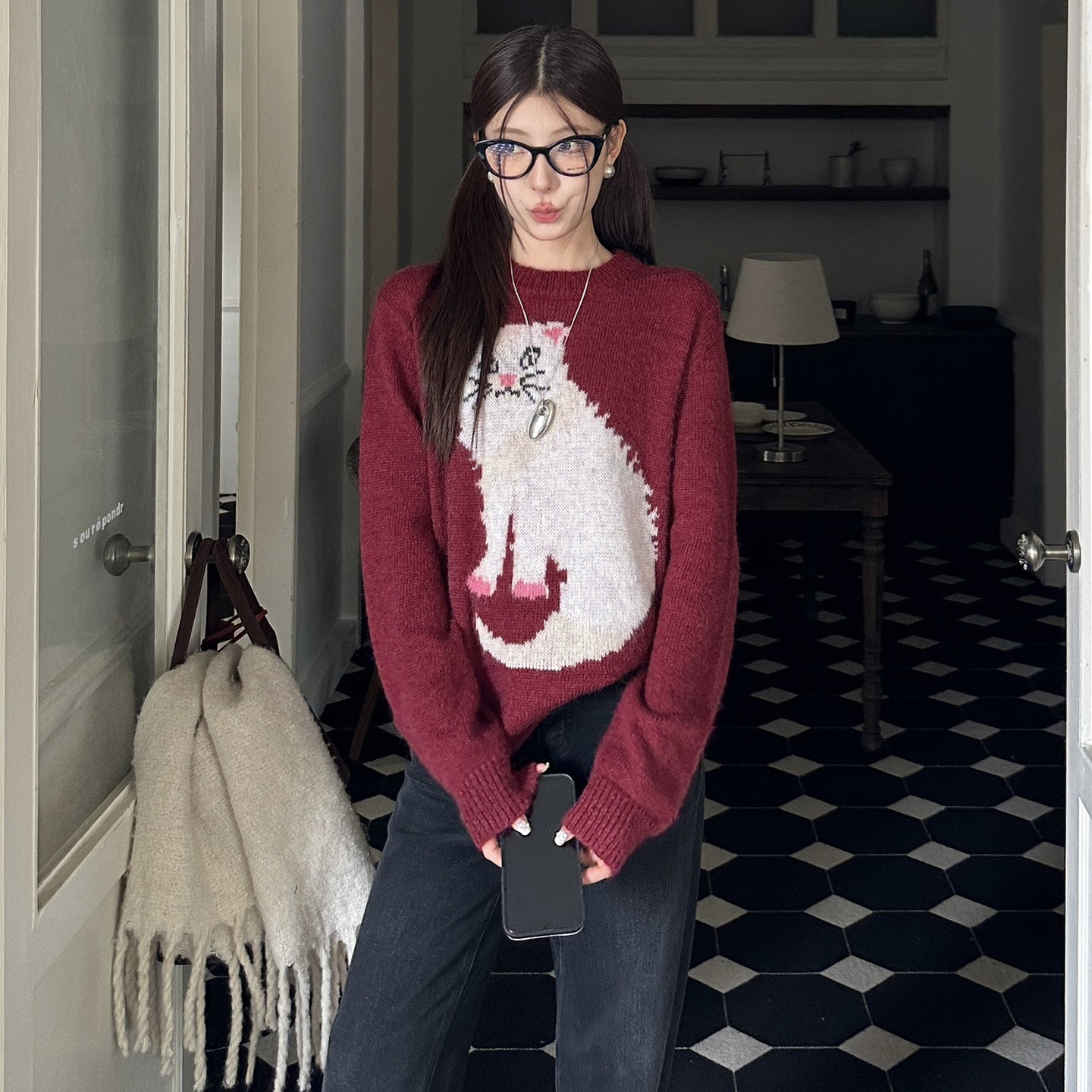 (2개) NANYOU 스트레이트 배치 MA 가족 2024 가을과 겨울 유행 고양이 자카드 풀오버 크루 넥 모헤어 니트 스웨터 여성