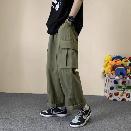 Military Green Work Pants for Men, Trendy Loose Straight Spring and Autumn Casual Pants, Versatile Korean Style Trendy Wide Leg Pants for Men