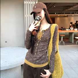 2025冬季新款复古风气质设计感撞色假两件圆领长袖上衣女潮