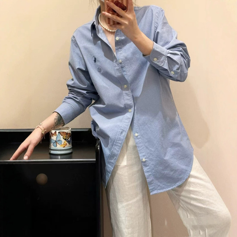 Cross-border, scan-to-open QR code, RL Oxford cloth shirt, classic embroidered long-sleeve linen shirt for women