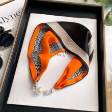 韩版夏季双层丝巾项链女磁吸扣珍珠丝巾女懒人领巾高级感印花围巾