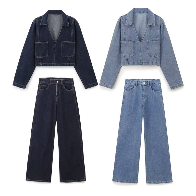 ZARZ 自家製ヨーロッパとアメリカンスタイルの新しい女性のクラシックショートデニムシャツハイウエストワイドレッグジーンズ|undefined
