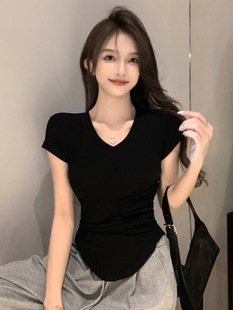 Black Collar Short-Sleeved Shirt for Women Summer Curved Hem Tight Top New Threaded Ice Silk Waist Half-Sleeve