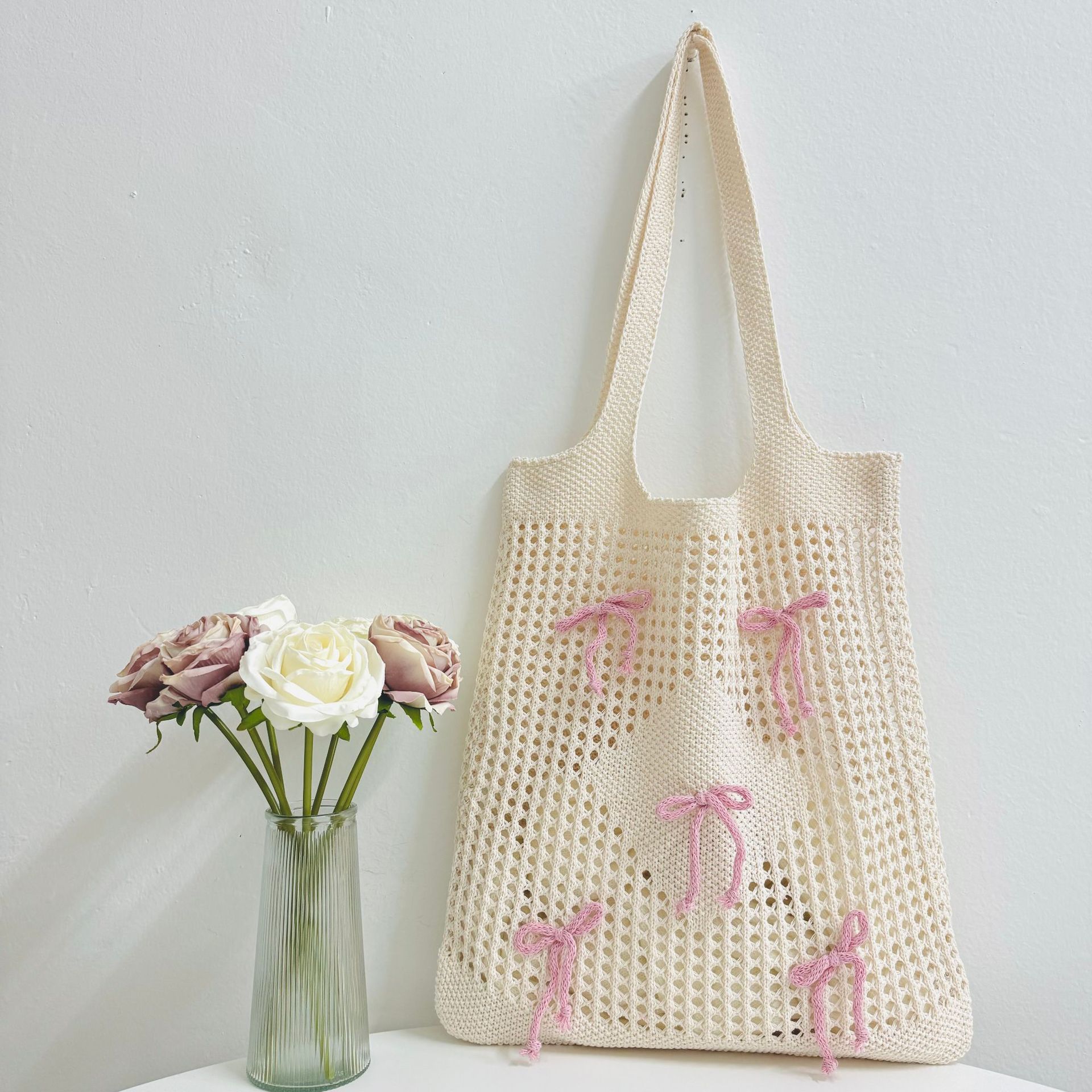 142g Weight Women's Medium Polyester Bow Knot Cute Preppy Style Knitting Hollow Square Open Square Bag