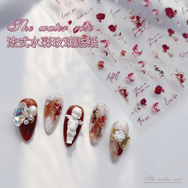 Tomoni ultra-delgada caliente lindo pegatina de uñas acuarela Rosa flor seca floración Rosa seca semi-transparente