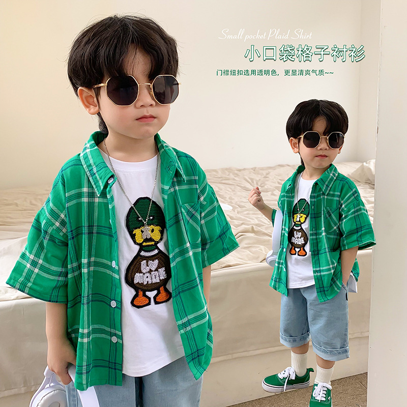 Летняя летняя одежда для мальчиков, тонкая зеленая детская рубашка, детская одежда, короткий рукав