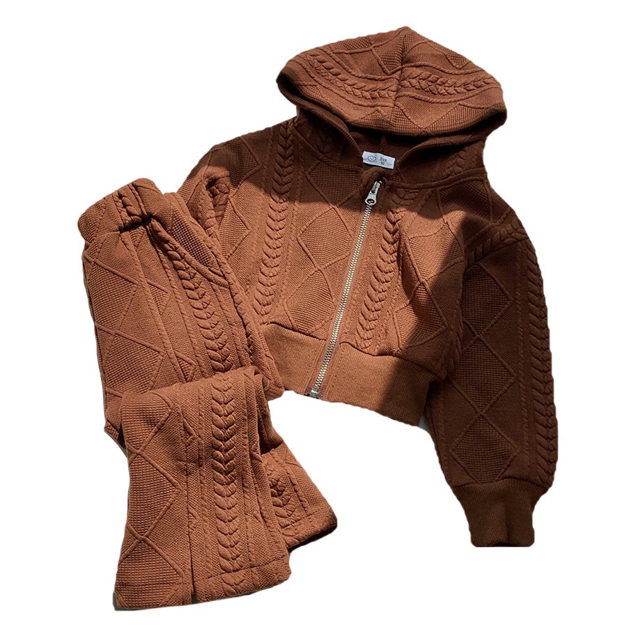 Traje de las niñas Otoño Nuevo estilo coreano corto de punto de manga larga superior split pantalones acampanados traje de dos piezas