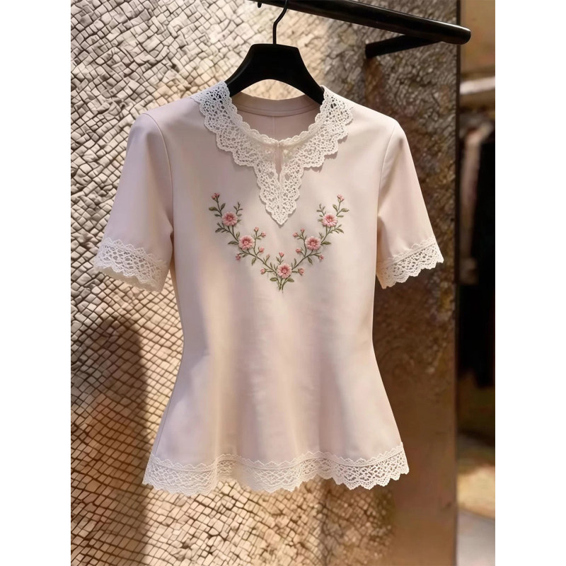 Dropshipping Plus-Size Women's Summer New Casual Elegant Slim-Fit Lace Patchwork Short-Sleeve Top