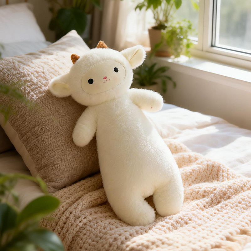 Almohada Larga de Felpa en Forma de Oveja de Franela para Cama
