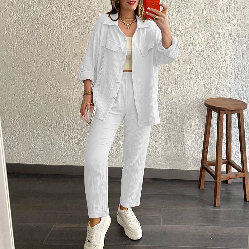 294g Weight Nine Points Sleeve Sleeve Length Polyester Fabric Type Pant Co-ord Set Sets Type 2 Pieces Set Quantity Holiday Occasion Shirt Collar Neckline Comfort Function Regular Fit Fit Type Solid Color Pattern Summer Season Women's Gender Vacation, Simple Style Style Holiday Women's Vacation Simple Style Solid Color Polyester Pant Co-ord Set Pants Sets 无