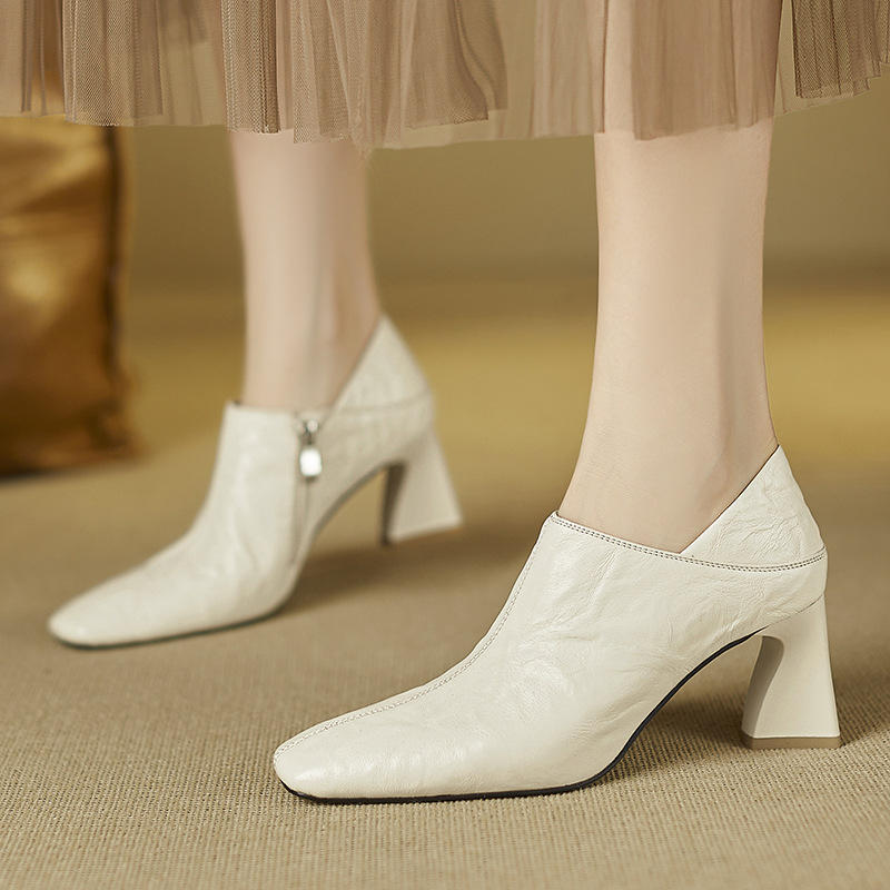 Sheepskin High Heels Women's Thick Heel 2025 Autumn and Winter New Square Toe Genuine Leather Deep Mouth Flats Soft Leather Versatile Fleece-Lined Pure Color