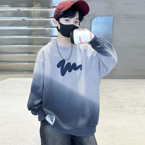 Genius Whale Boys' Long Sleeve Sweatshirt Autumn Outfit Tie-Dye New Alphabet Print Student Cool Middle-Large Children Spring and Autumn Season