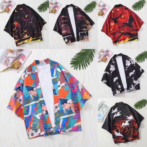 Summer seven-quarter sleeve shirt, men's loose China style, men's sun-proof thin style, antique couple's painted Taoist robe