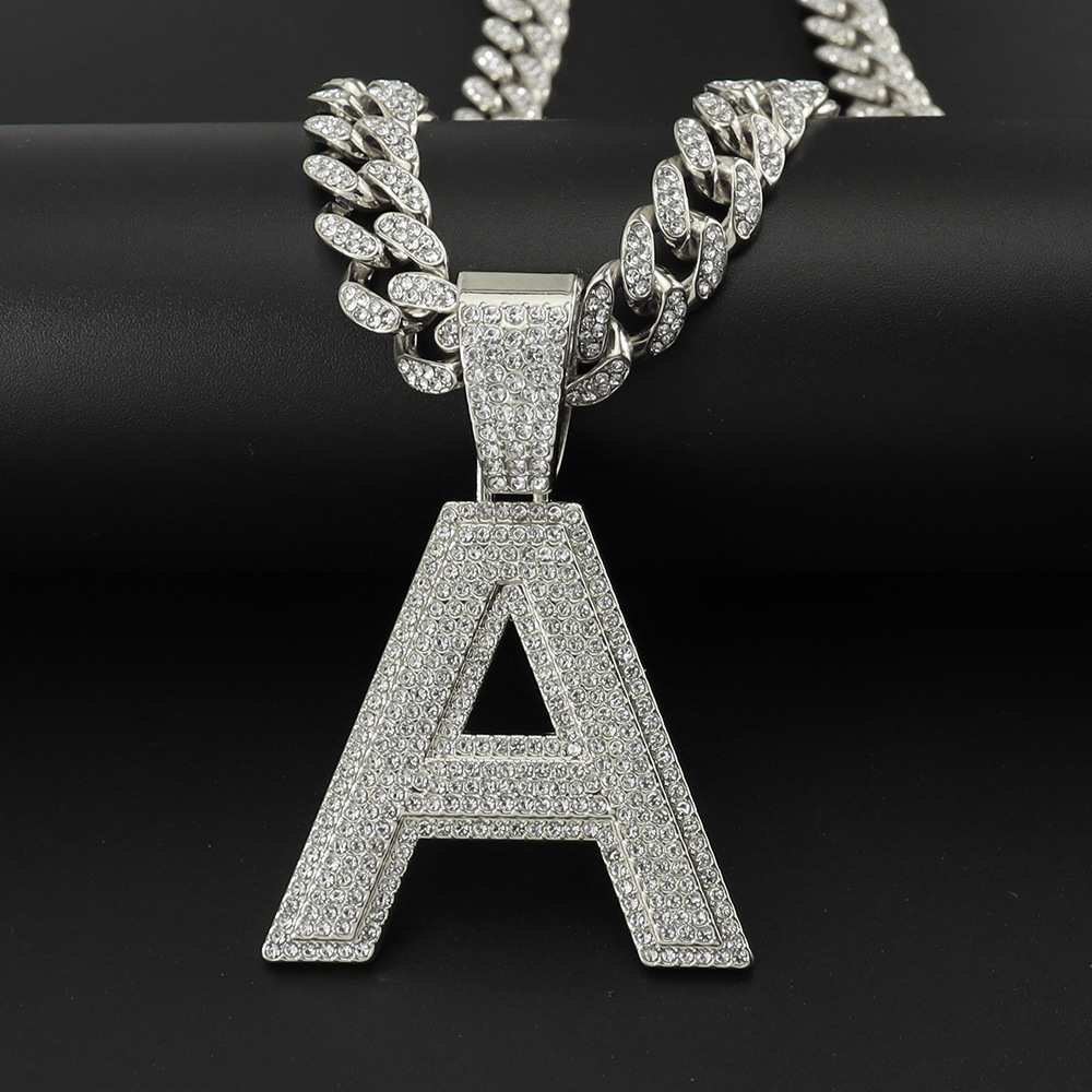 Alloy Pendant Material Full Diamond Capital English Letter A Pendant Cuban Link Chain Necklace Men's Cool Hip Hop Style Disco Hip Hop Clavicle Chain
