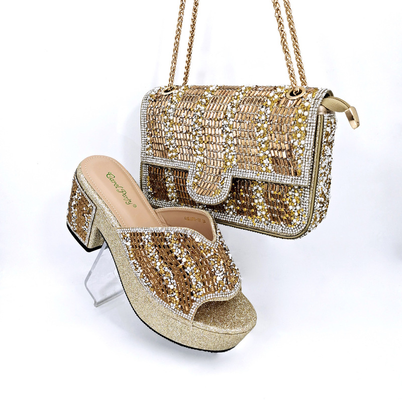 Chunky Heel Thick-Soled Peep-Toe Sandals for Women, Matching Full Rhinestone Embroidered Clutch Bag Party Shoe and Bag Set, Exclusively for Cross-Border Sales