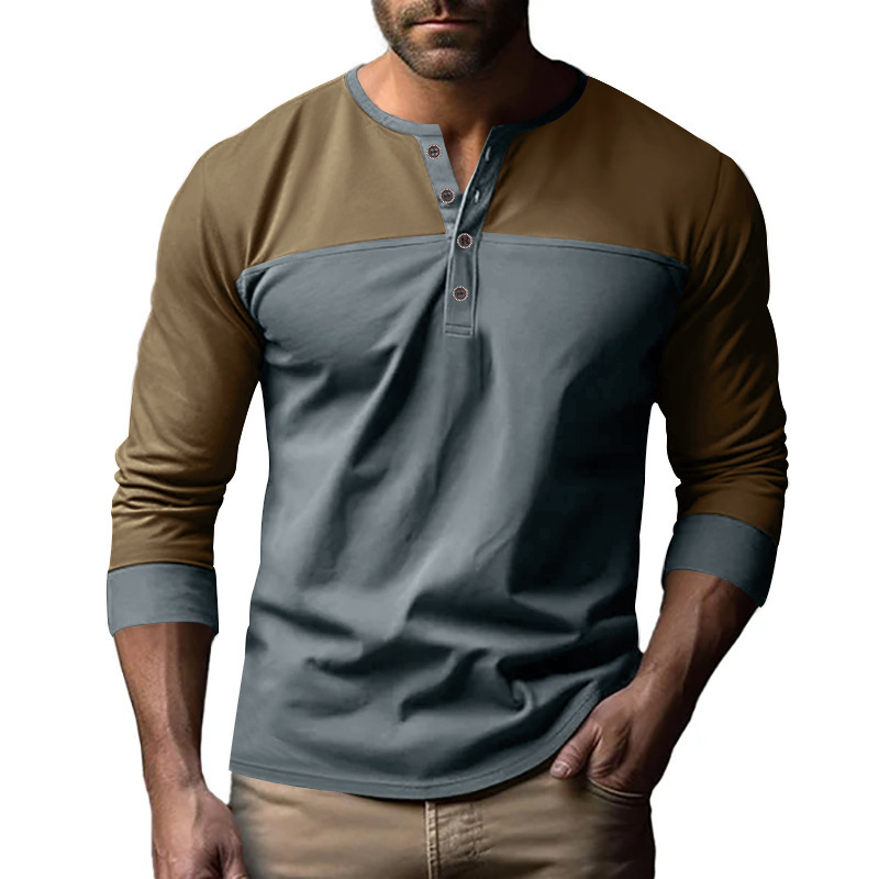 Transfronterizo de hombre nuevo Amazon tamaño europeo americano retro colorado Henry cuello camiseta de manga larga camiseta de hombre