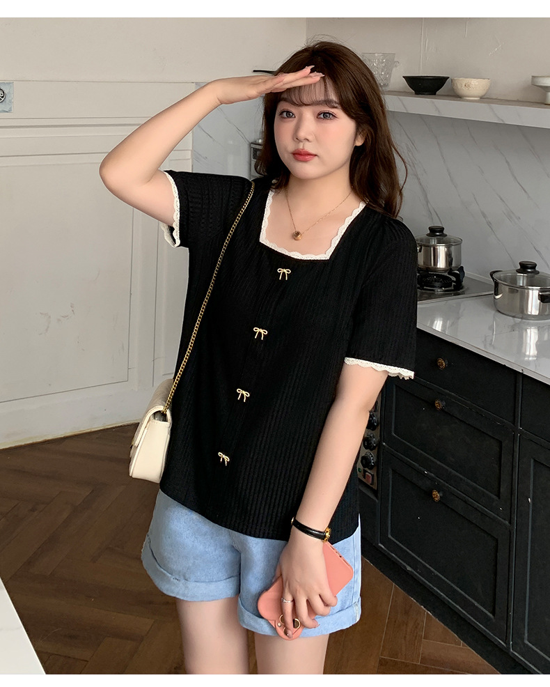 Talla grande mujer gorda mm manga corta camiseta verano 2025 nuevo 200 jin suelto máscara delgada cuello cuadrado top floral pic 12