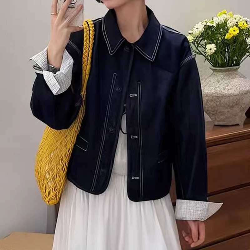 港风格子拼接娃娃领牛仔外套女短款2025春秋季小个子休闲立领上衣|undefined