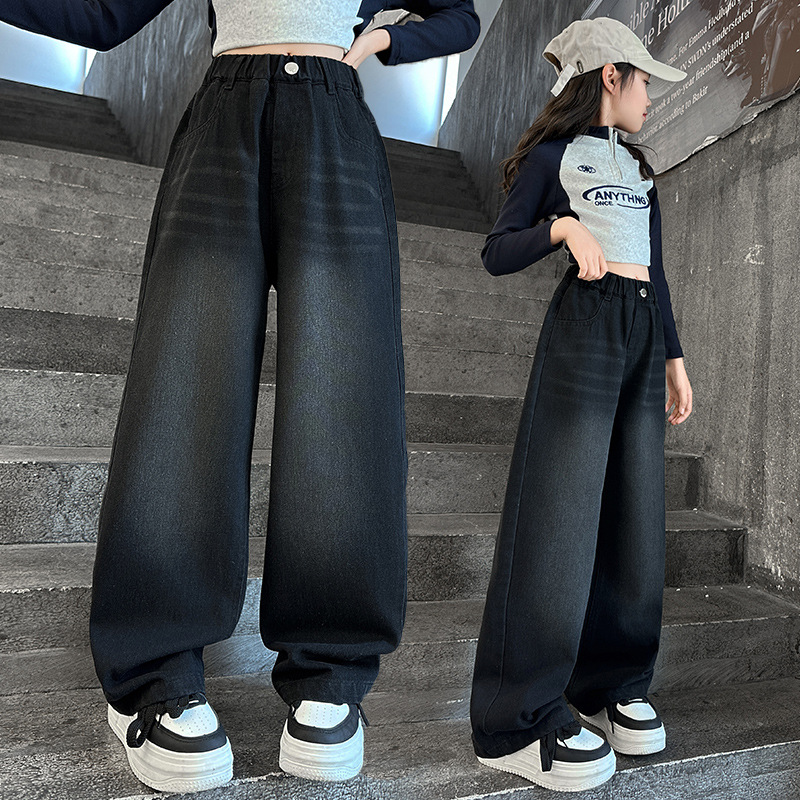 (2개) 소녀 가을 청바지 2024 십대 검은 바지 큰 아이 학생 느슨한 외부 착용 레트로 넓은 다리 바지