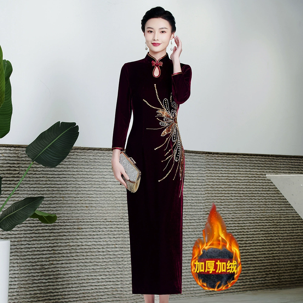 Шэньчжэньское платье-ципао больших размеров с бархатной подкладкой и утепленное для осени и зимы, подходит для свекрови, бархатное платье, цельное, оптом.