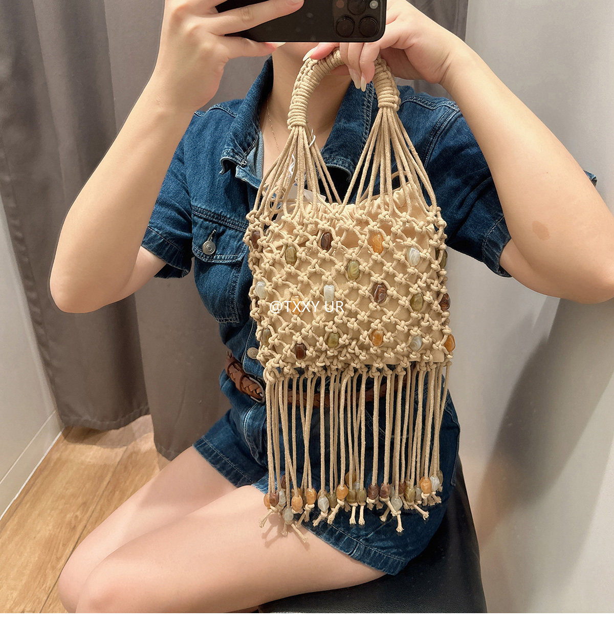 Túi xách tay nữ tua rua đính cườm lưới dệt phong cách thời trang — màu kaki chi tiết 7