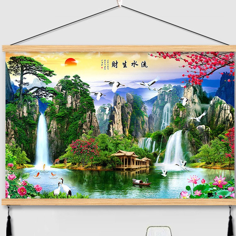 Landscape Painting for Attracting Wealth, Feng Shui Flowing Water Brings Wealth, Welcoming Guests, Pine Hanging Scroll Background Wall, Living Room Entrance Decorative Painting