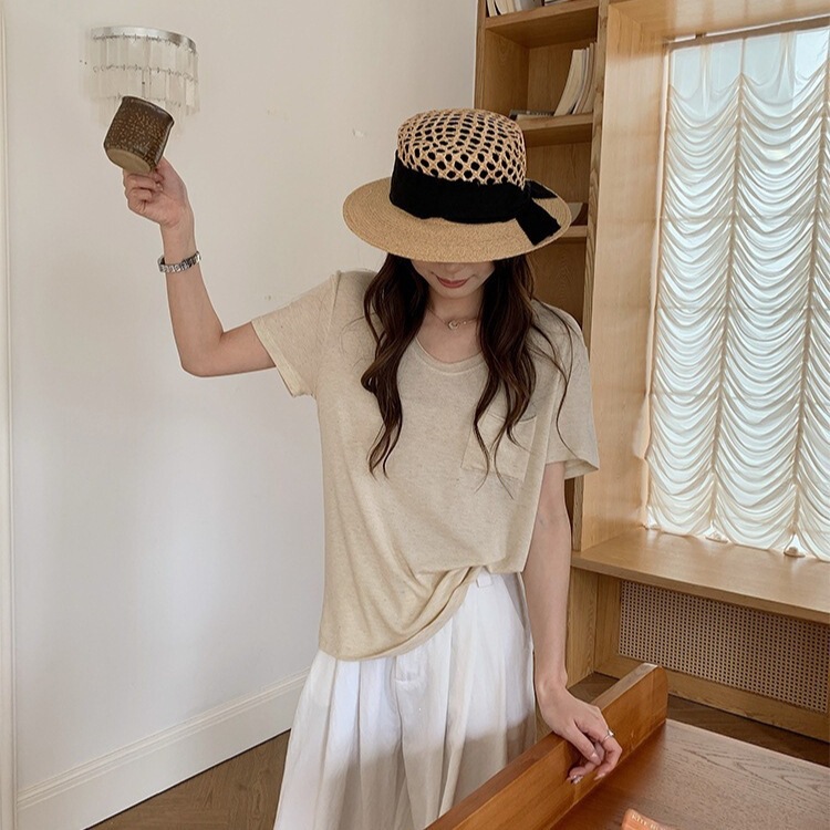 High-Quality Tencel Linen Short-Sleeve Women's Loose Stretchy Base Shirt with Striped Pocket Design T-Shirt Top