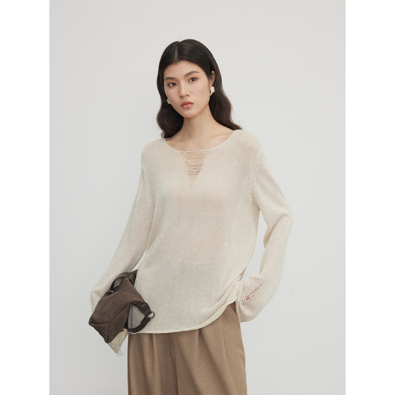 Keara Original Hemp-Colored Round-Neck Hollow-Out Knit Sweater for Women, Spring Commute Niche Design Long-Sleeve Top # 4809D Keara Original Hemp-Colored Round-Neck Hollow-Out Knit Sweater for Women, Spring Commute Niche Design Long-Sleeve Top # 4809D