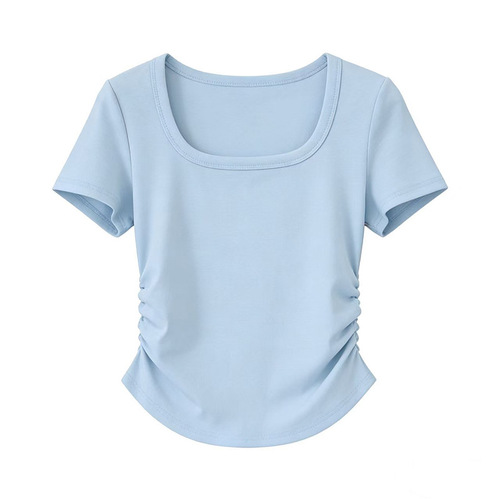 230g ice silk rib   Design, curved wear, slim pleated waist top, slimming, summer short-sleeved women