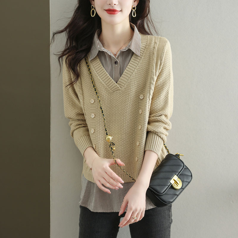Women's Shirts Early Autumn Clothing 2025 New Fake Two-Piece Knitwear Women's Tops Autumn and Winter Outwears Western Style Shirts Women's Shirts Early Autumn Clothing 2025 New Fake Two-Piece Knitwear Women's Tops Autumn and Winter Outwears Western Style Shirts