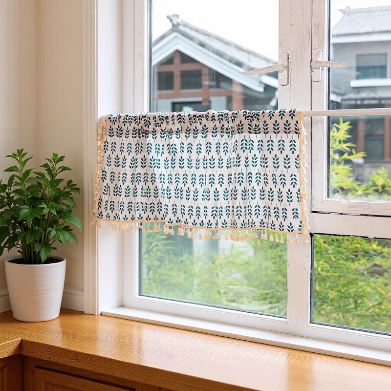 Japanese and Korean Style Fresh and Simple No-Drill Kitchen and Bathroom Small Window Half Curtain, Bedroom Bay Window Curtain with Printed Half-Door Curtain