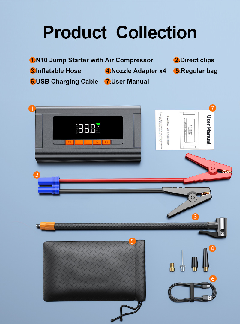 [N10] Cross-Border Car Emergency Starting Power Supply and Air Pump All-In-One Jump Starter, Multifunctional Portable Battery Booster