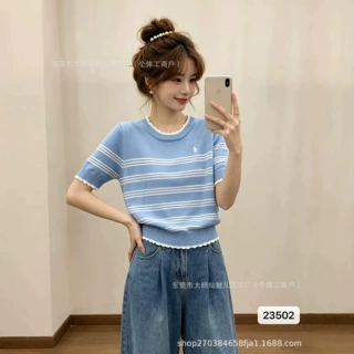 2026年夏季新款圆领撞色条纹针织衫薄款女短袖T恤休闲百搭上衣女