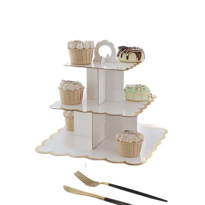 使い捨て多層紙ケーキスタンド誕生日パーティー用品三層ホットスタンピングデザートテーブルケーキオーナメント装飾|undefined