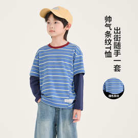26秋季上新韩版条纹长袖儿童t桖休闲秋款百搭男童假两件童装上衣