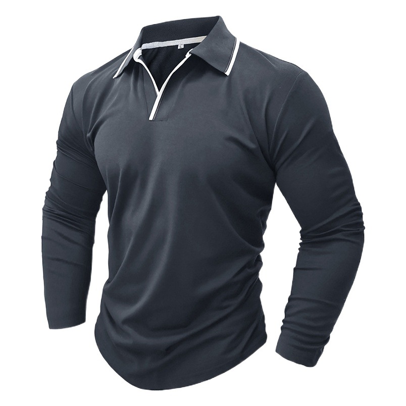 Nueva camisa de polo de color sólido con cuello en V de comercio exterior Camisa de manga larga para hombre Camiseta de solapa de tamaño europeo y americano transfronterizo 2023 Otoño e Invierno