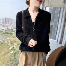 长毛貂绒拉链开衫2025秋冬新款女士翻领打底衫优雅风宽松显瘦外套