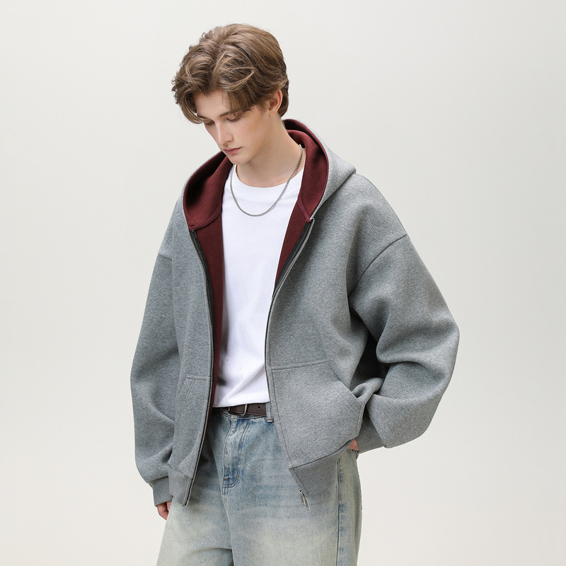 380g Heavyweight Color-Blocked Hooded Sweatshirt for Men, Autumn Style, Loose-Fitting Sports Cardigan Jacket, Trendy Casual Outerwear