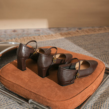 三种跟高2025年春秋季小方头粗跟浅口单鞋女鞋复古风玛丽珍鞋黑色