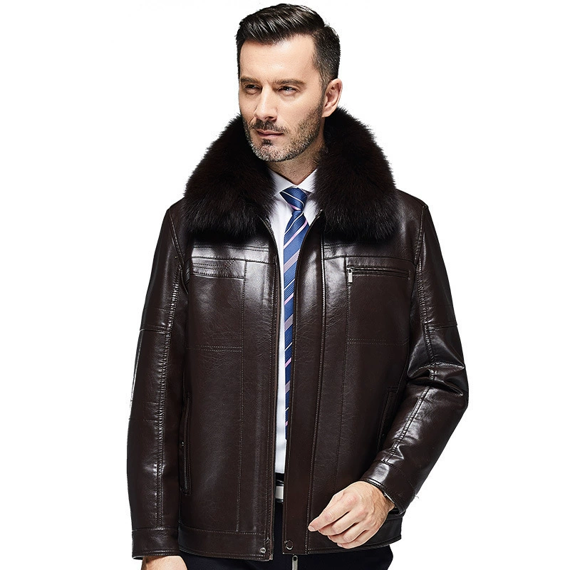 Men's demi‑season genuine leather jacket, fur collar (regular or rabbit), zipper, sizes 170/M–190/XXXL
