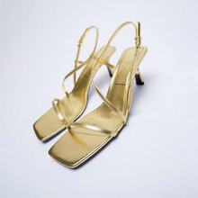 ZA2021新款女鞋金色鍍金屬層高跟羊皮革涼鞋一字扣帶高跟鞋涼鞋女