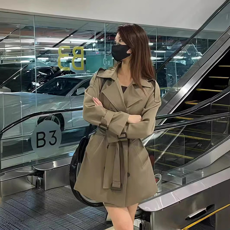 跨境军绿色短款风衣女2025春秋季新款英伦风韩系小个子修身风衣外|undefined