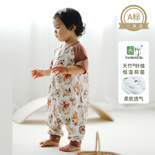 Ins bamboo cotton gauze front four back two belly protector short-sleeved children baby infant sleep sack air-conditioned room summer split leg sleep