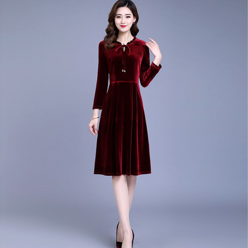 Gold Velvet Dress 2022 New Spring and Autum Elegant Women's Long-Sleeved Large Size Pleated A-Line Bottoming Dress
